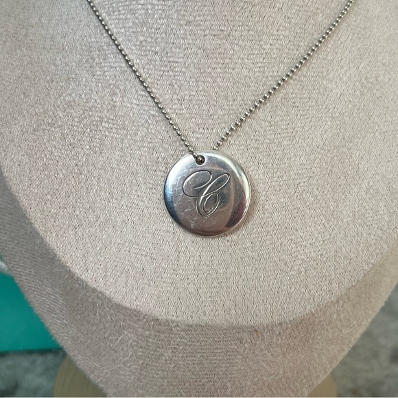Tiffany Notes Alphabet “C” Disc Charm Pendant 18 in Ball Chain Sterling Silver - Picture 11 of 14